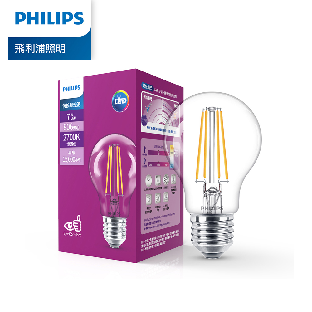 Philips 飛利浦 7W LED仿鎢絲燈泡-燈泡色2700K (PL910)